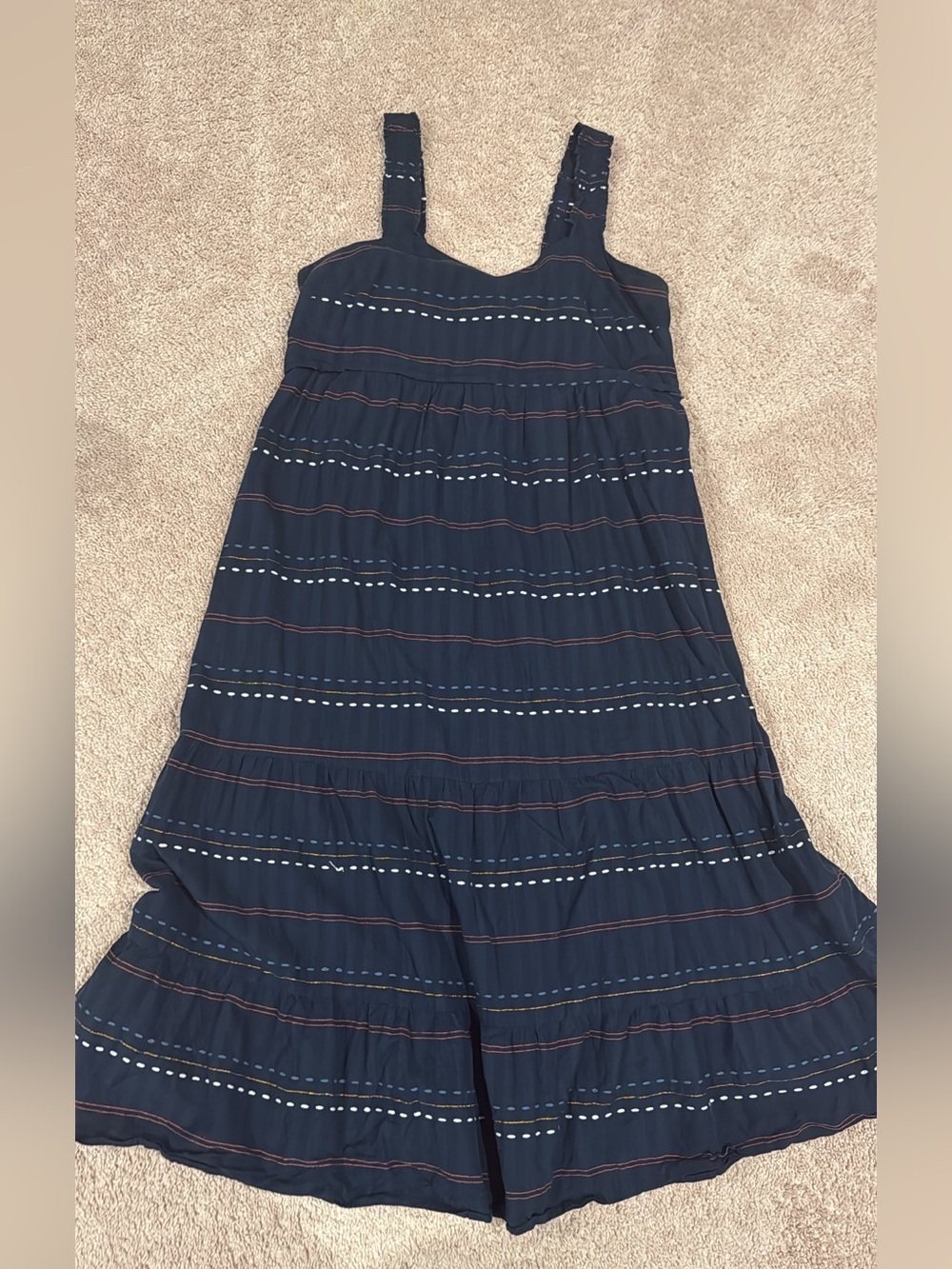 Seraphine Maternity Navy Tiered Maxi Dress with Striped Stitching.
